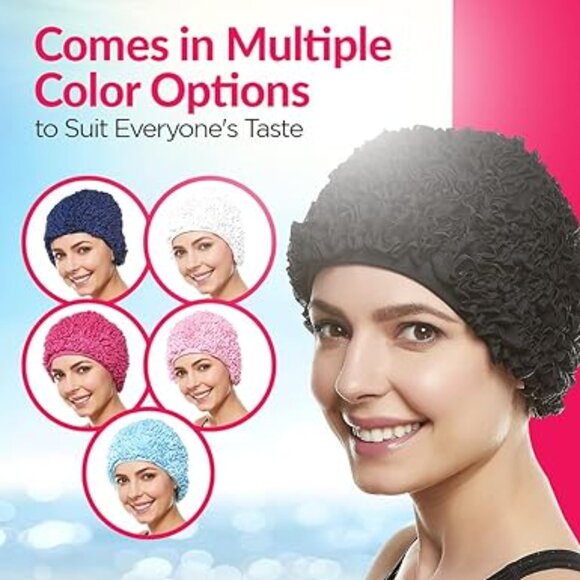 Beemo Women’s Swim Bathing Cap Turban Polyester Lined Ruffled Shower Cap - Black - Picture 7 of 7